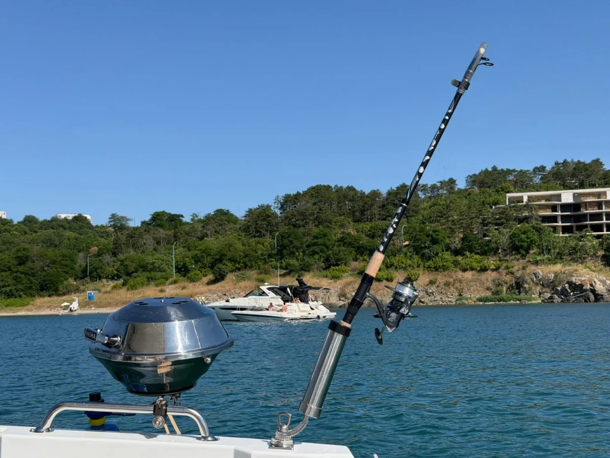 Fishing rod and BBQ on board near the coast