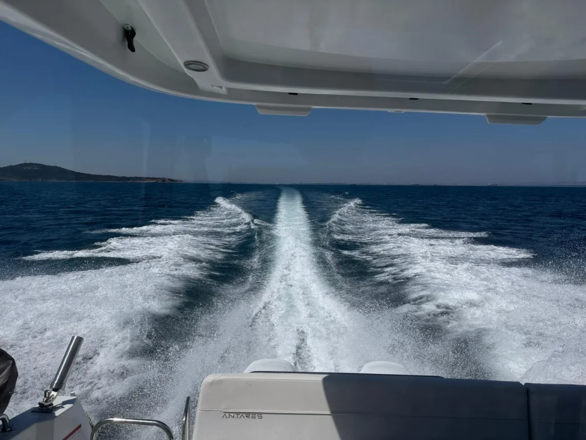 Wake of the yacht on the open Black Sea